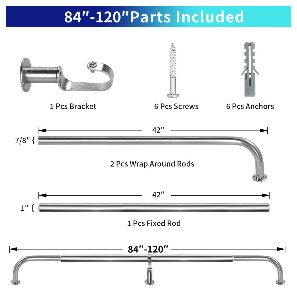 Energy Saving Wrap Around Black Out Return Adjustable Window Curtain Metal Rod, Brushed Steel, 84"-120"