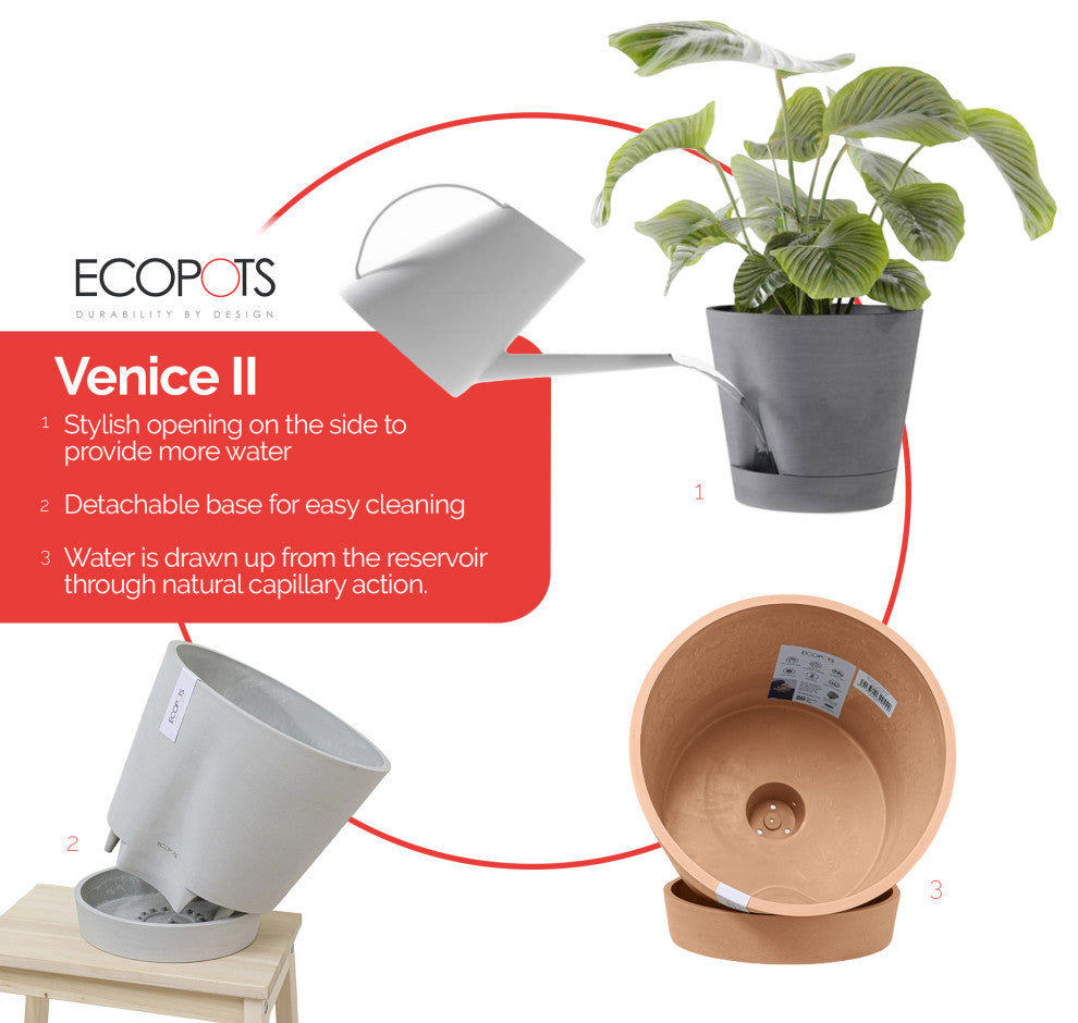 Ecopots Venice Modern Recycled Plastic Planter w/ Water Reservoir, Taupe, 16"
