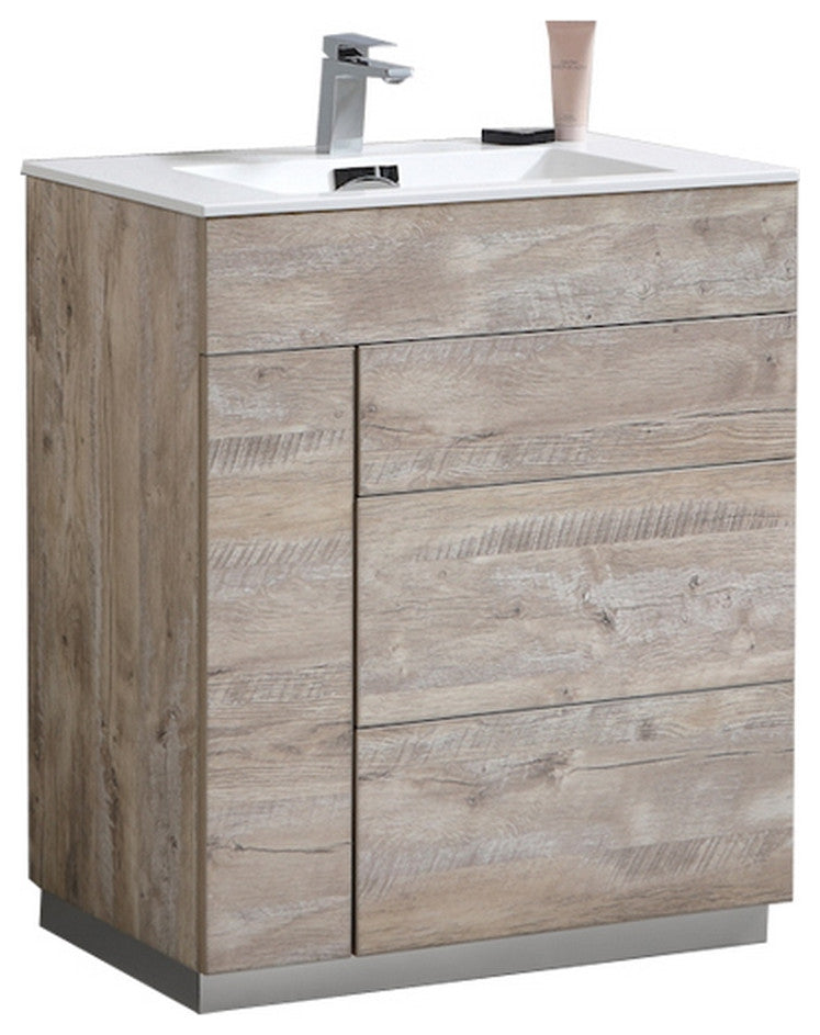 Milano 30" High Glossy Bathroom Vanity, High Gloss White, Nature Wood