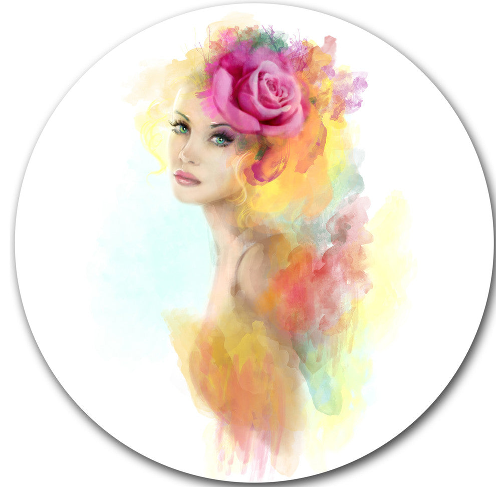Summer Woman With Flowers, Floral Painting Disc Metal Artwork, 23"