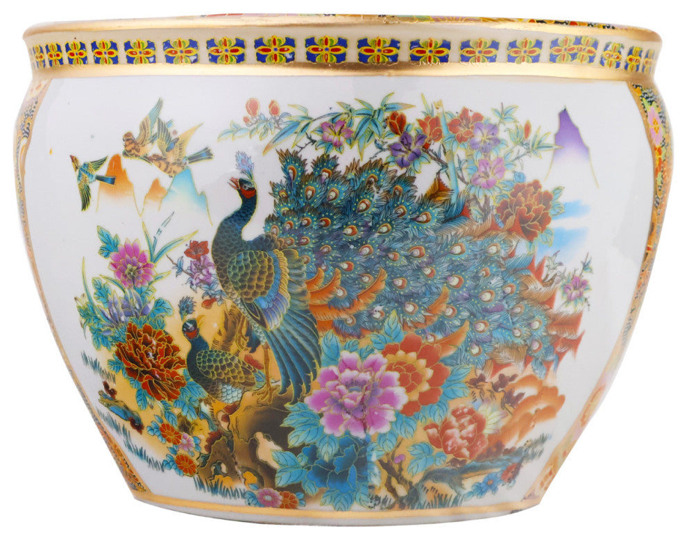 Chinese Porcelain Fish Bowl Planter, Satsuma Geishas, 8"