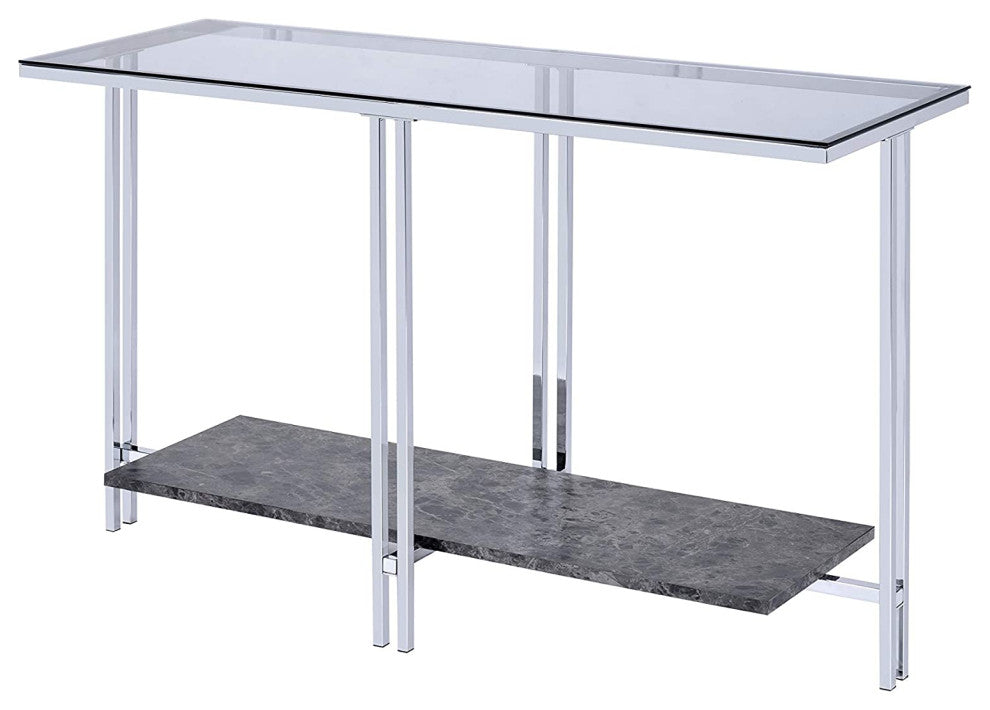 Contemporary Console Table, Chrome Base With Glass Top & Elegant Faux Marble Top