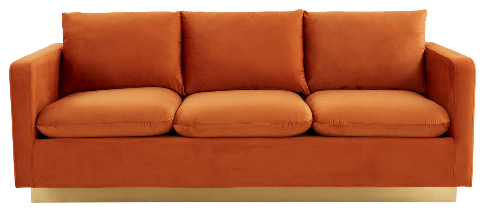 LeisureMod Nervo Modern Velvet Sofa With Gold Base, Orange Marmalade