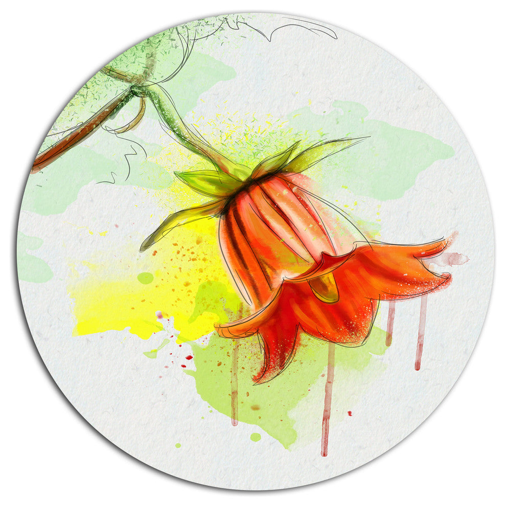 Red Bellflower Sketch Watercolor, Floral Round Metal Wall Art, 11"