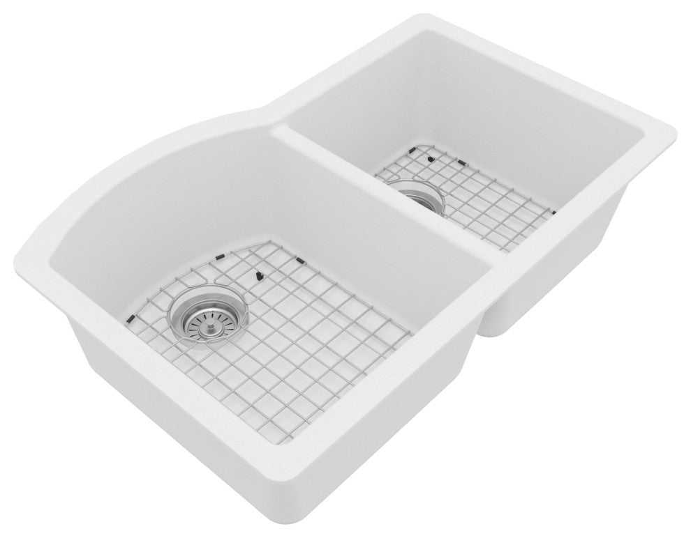 Karran Undermount Quartz 32" 60/40 Double Bowl Kitchen Sink Kit, White