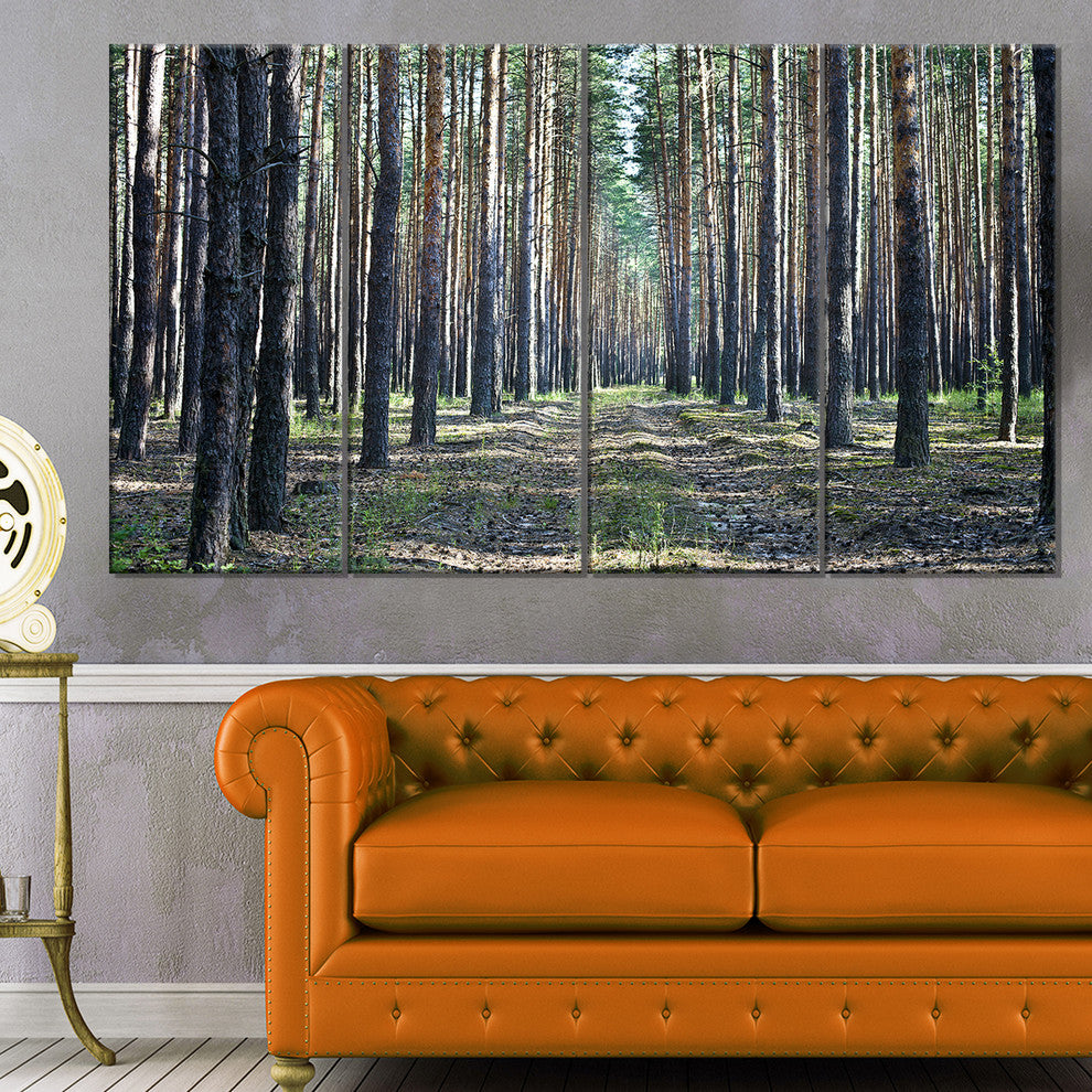 Forest Road in Thick Woods, Modern Forest Canvas Art, 48"x28", 4 Panels