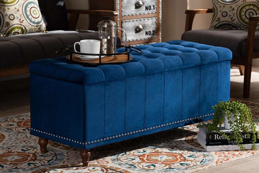 Geneva Navy Blue Velvet Fabric Tufted Storage Ottoman Bench