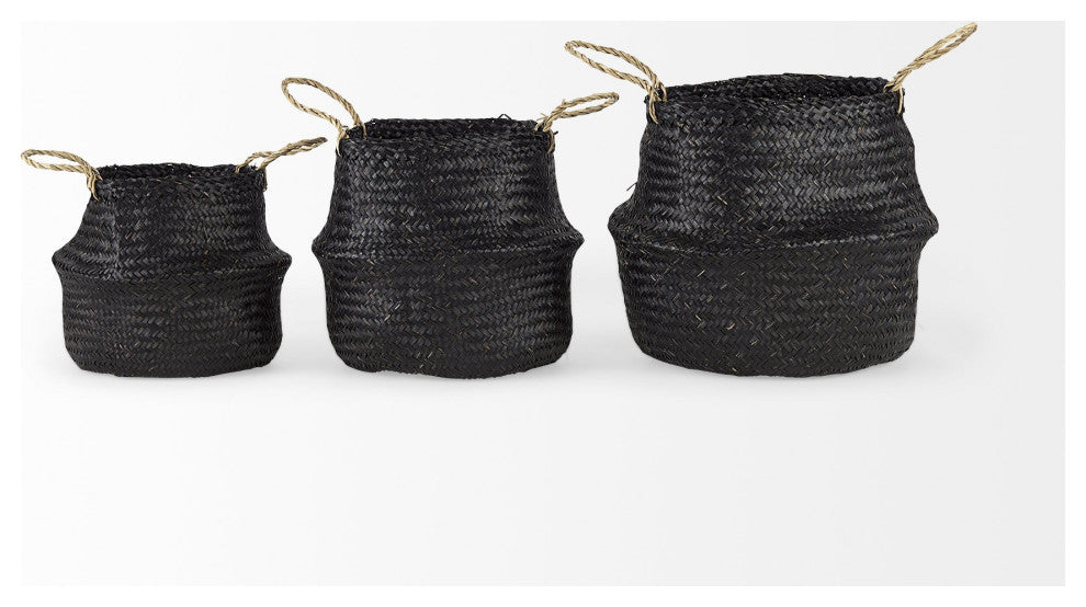 Set of Three Black Wicker Storage Baskets