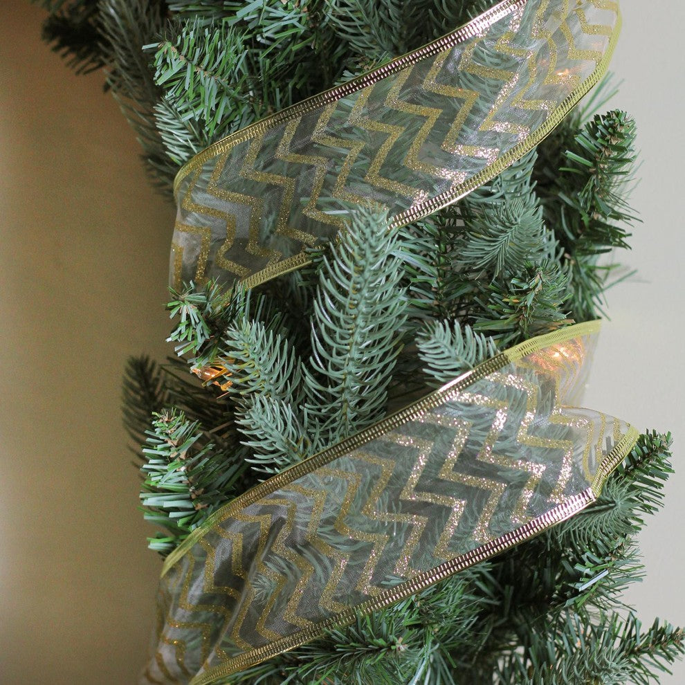 Green Chevron Print Wired Christmas Craft Ribbon