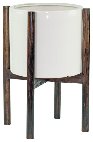 Large Ceramic Cylinder Planter 10" White With Plant Stand Dark Walnut