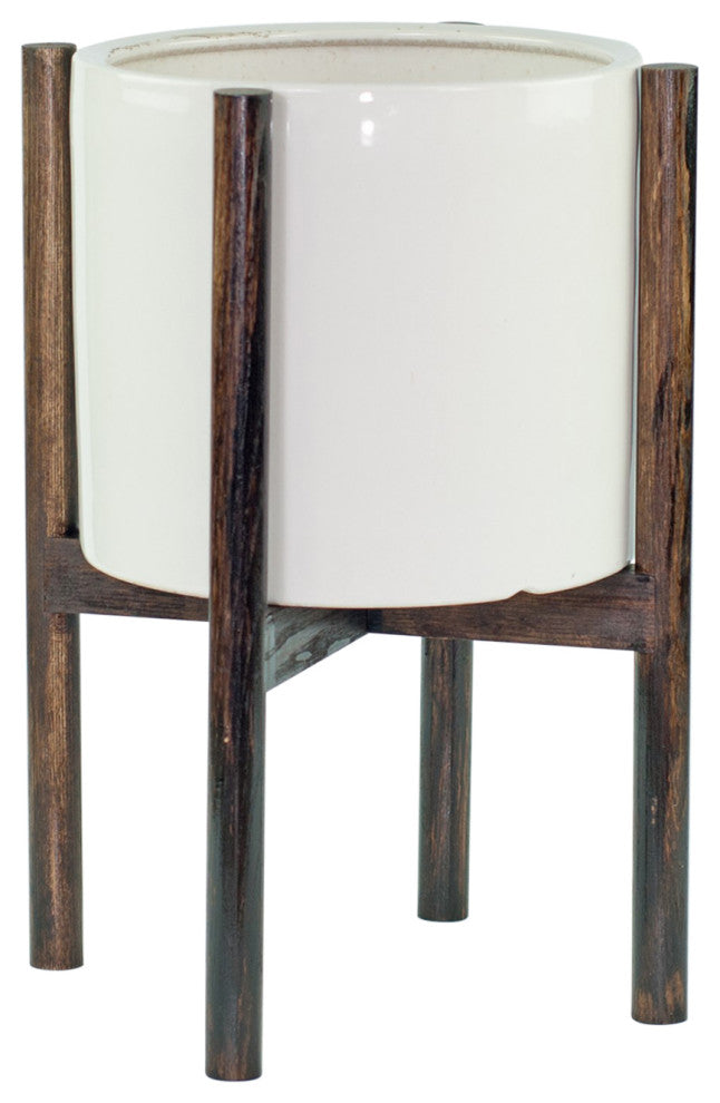 Large Ceramic Cylinder Planter 10" White With Plant Stand Dark Walnut