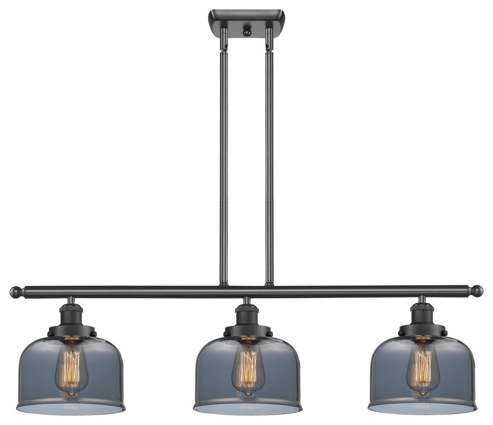 Large Bell 3-Light Island-Light, Matte Black, Plated Smoke