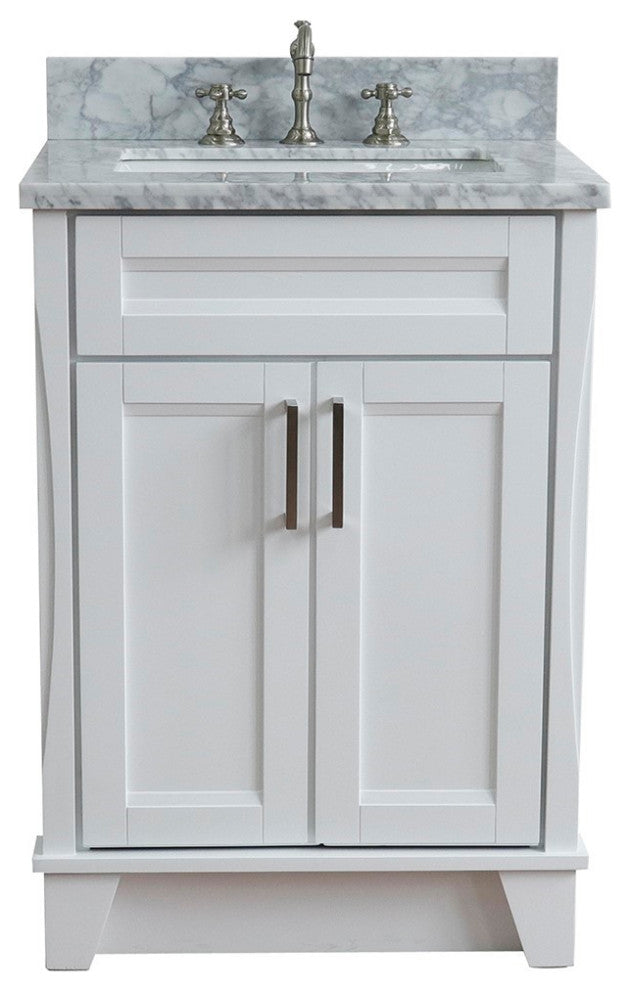 25" Single Sink Vanity, White Finish With White Carrara Marble