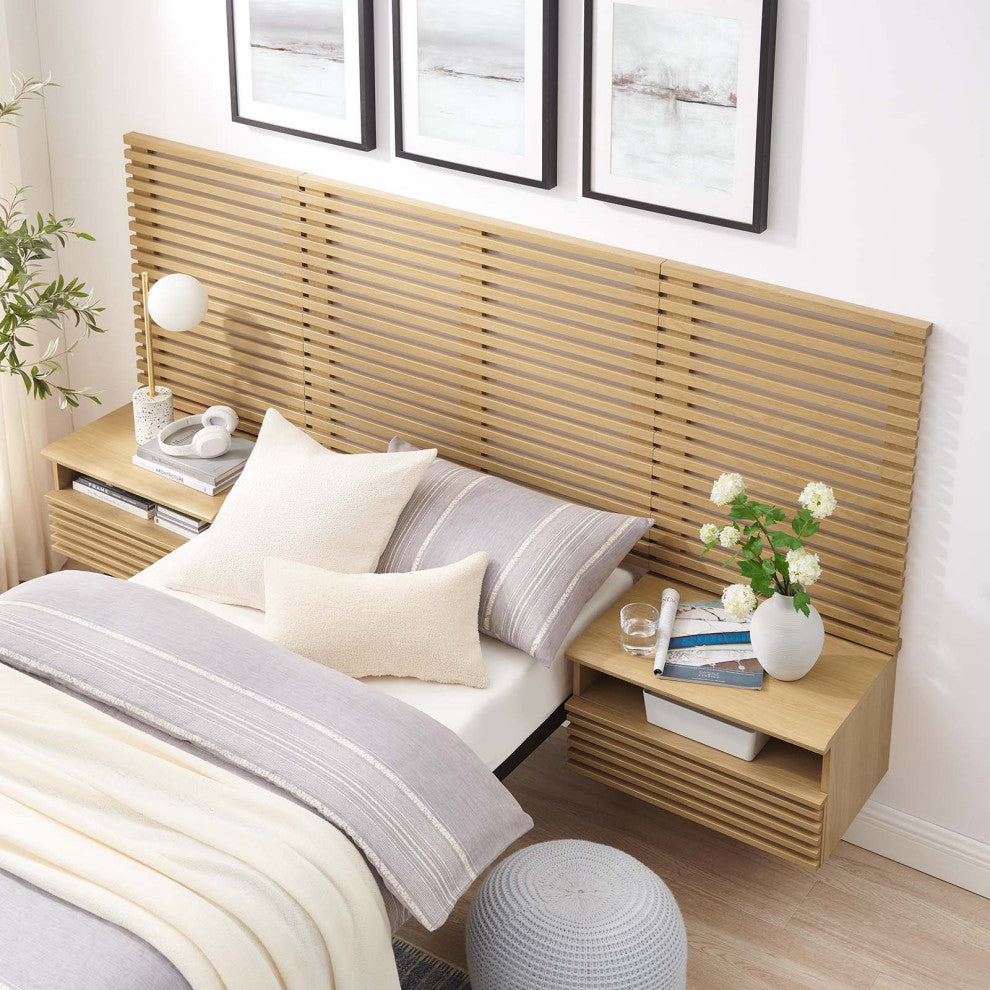 Render Wall Mount Twin Headboard and Modern Nightstands, Oak
