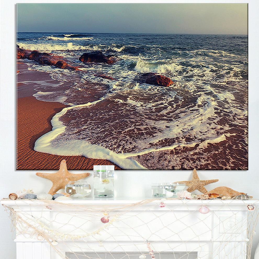 "Foaming Waves Kissing Wide Beach" Seashore Canvas Print, 32"x16"