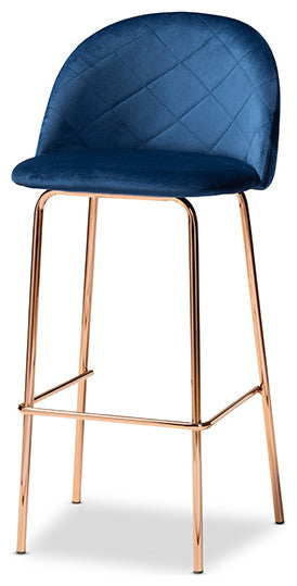 Navy Blue Velvet Fabric Upholstered and Rose Gold 4-Piece Bar Stool Set