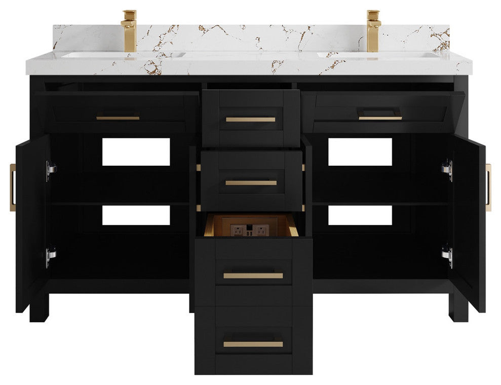 Cambridge 60" Double Bathroom Vanity in Black 2" Viola Brown