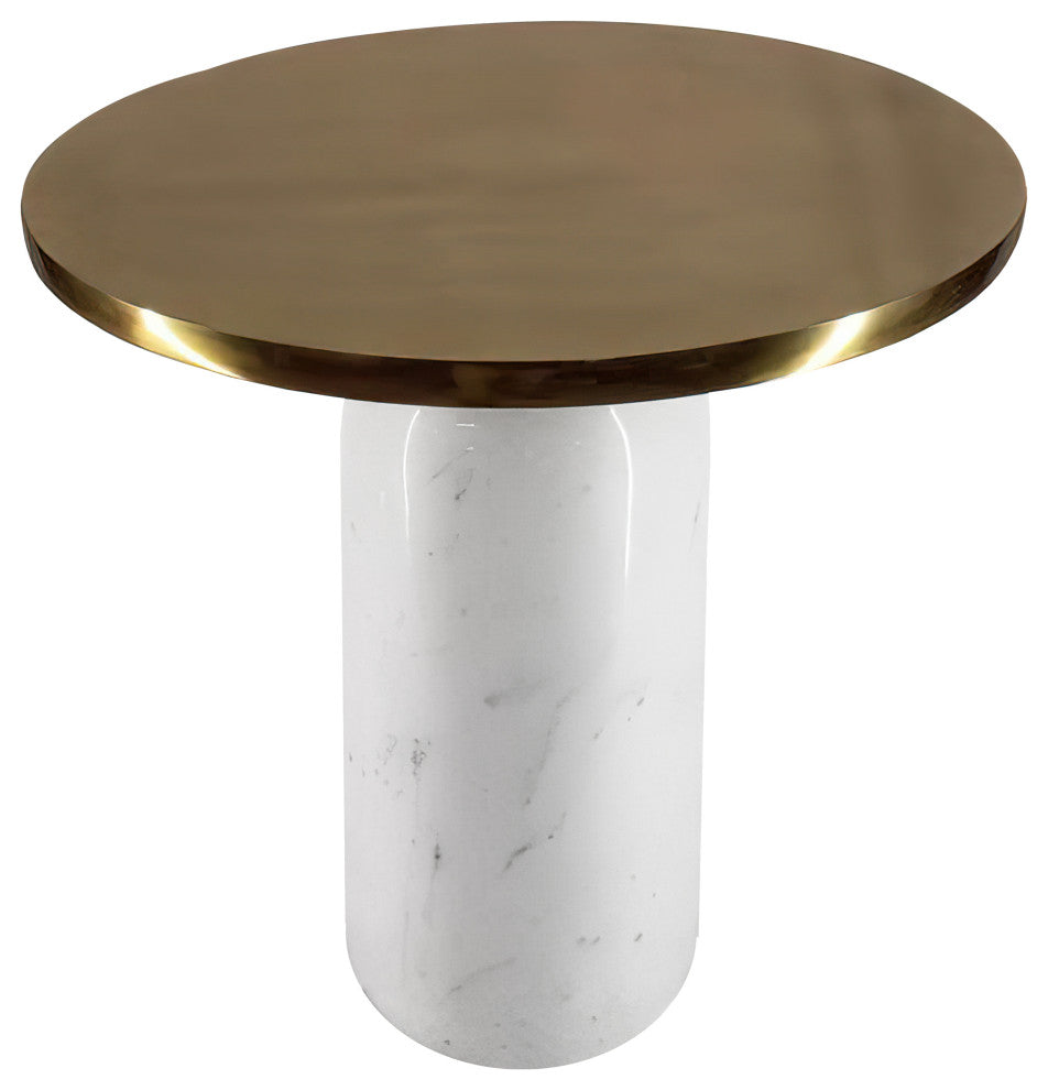 Benzara UPT-272904 Accent End Table With Cylindrical Marble Base, Brass, White