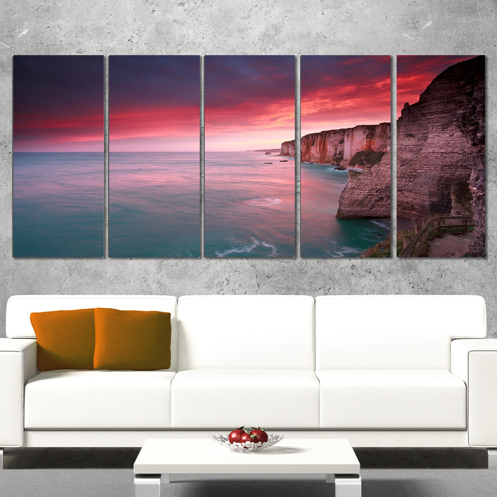Dramatic Sunrise over Sea and Cliffs, Beach Photo Canvas Art, 60"x28", 5 Panels