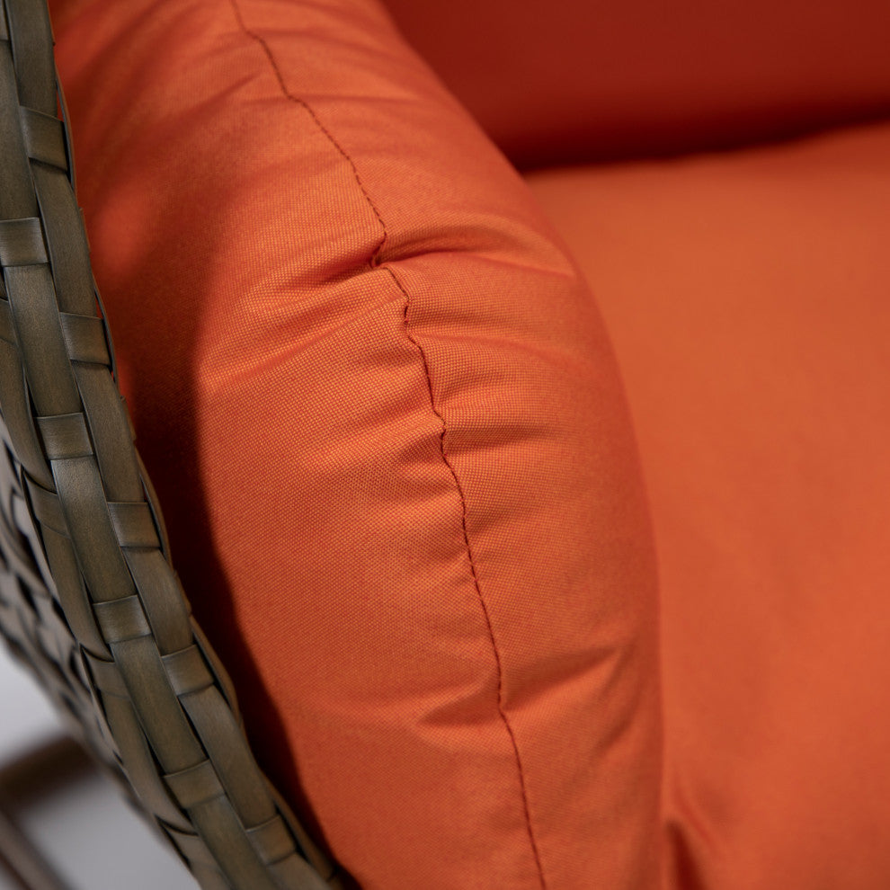 LeisureMod Beige Wicker Hanging Egg Swing Chair With Stand and Cushion, Orange