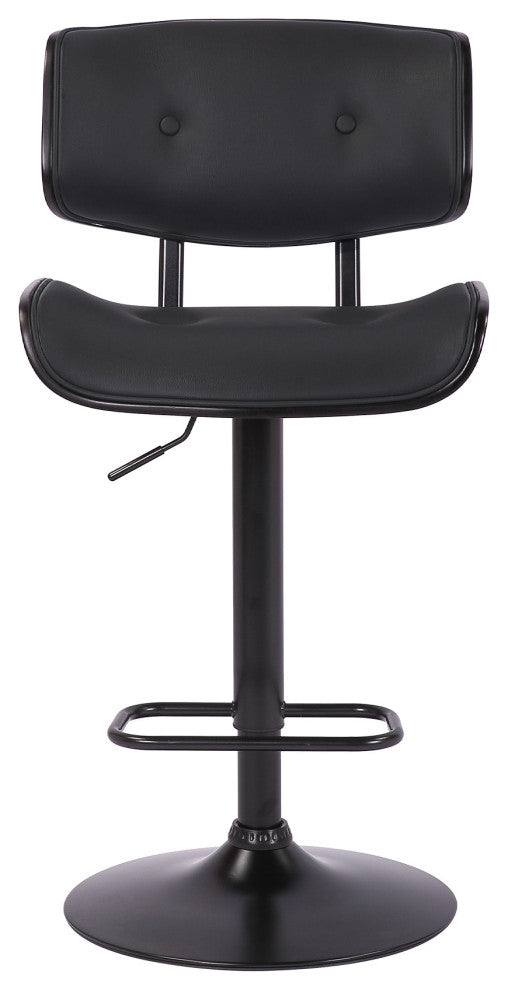 Adjustable Black Tufted Faux Leather and Black Wood Swivel Barstool.