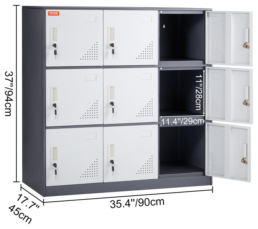 Metal Locker Cabinet 9 Compartment Steel Office School Gym Organize Storage, Gray