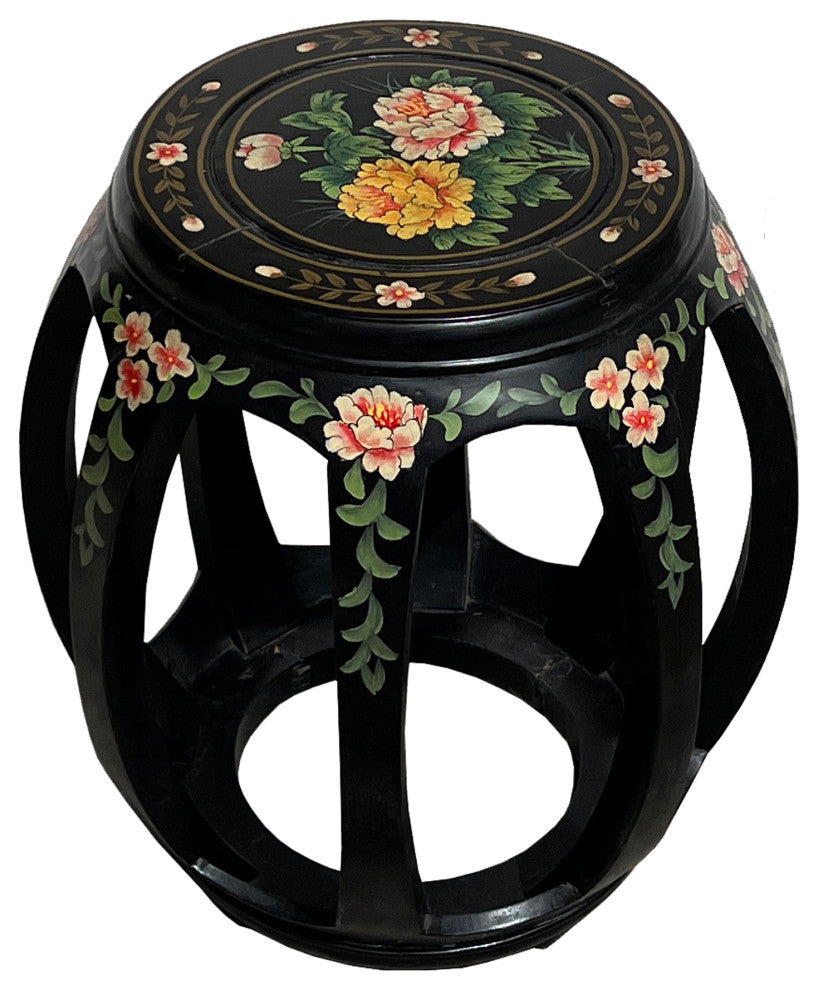 Chinese Black Color Flower Graphic Round Barrel Shape Wood Stool Hws3131