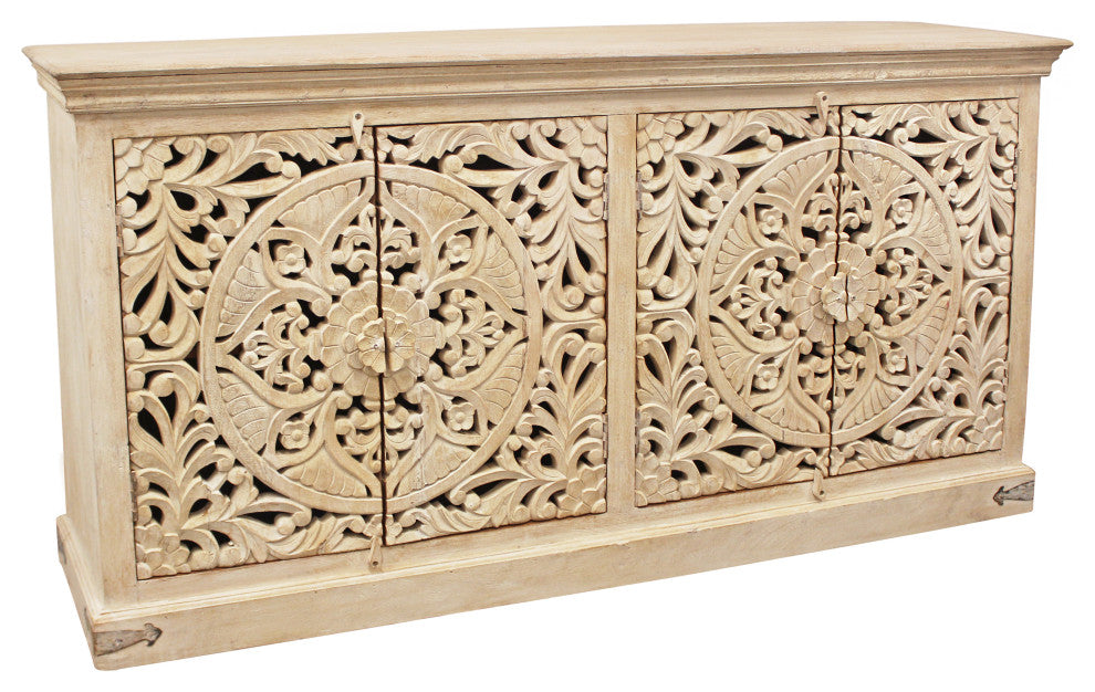 Carter Flores 4-Door Sideboard, Distressed White Finish on Mango Solid Wood