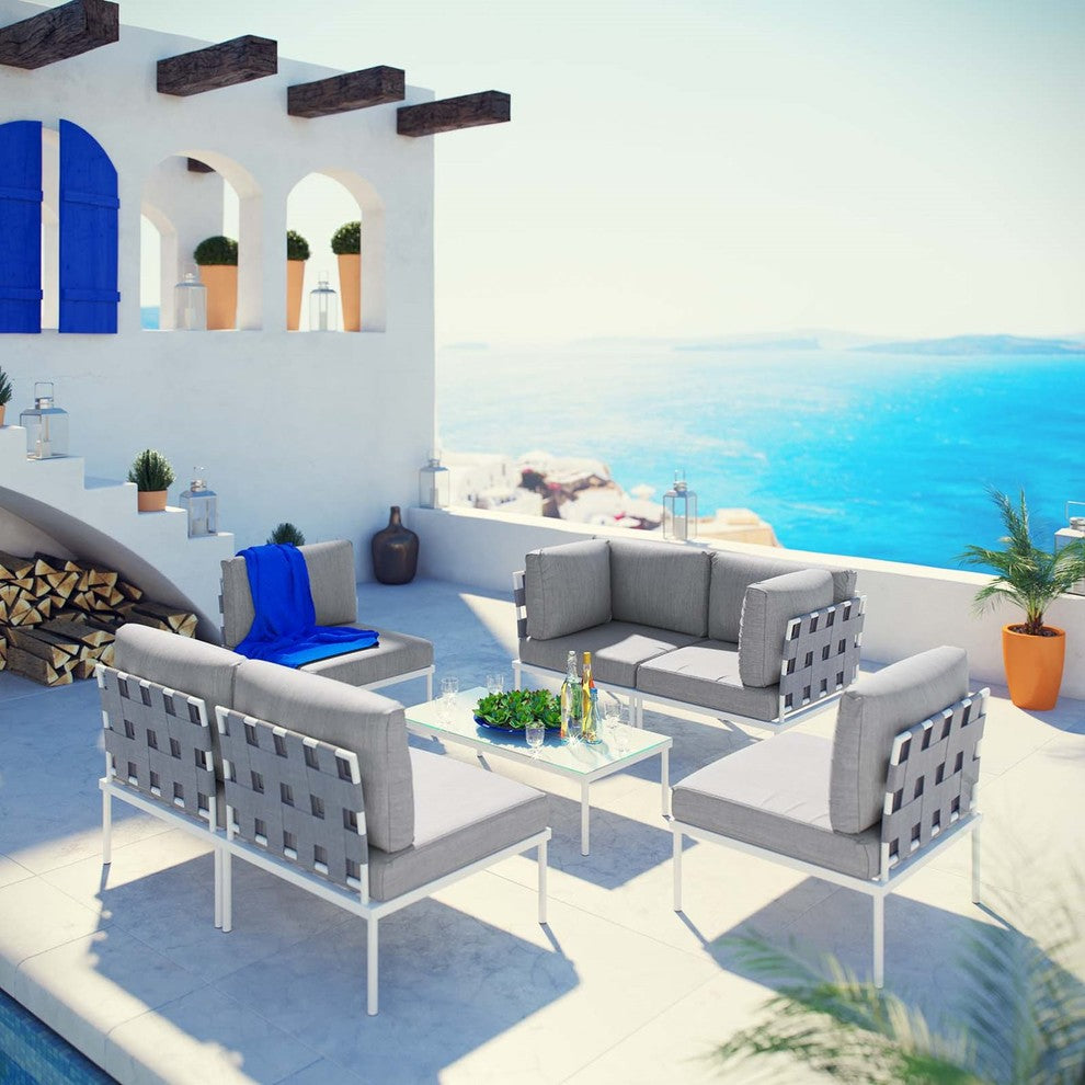 Modern Urban Outdoor Patio 7-Piece Sectional Sofa Set, Gray White Gray, Rattan