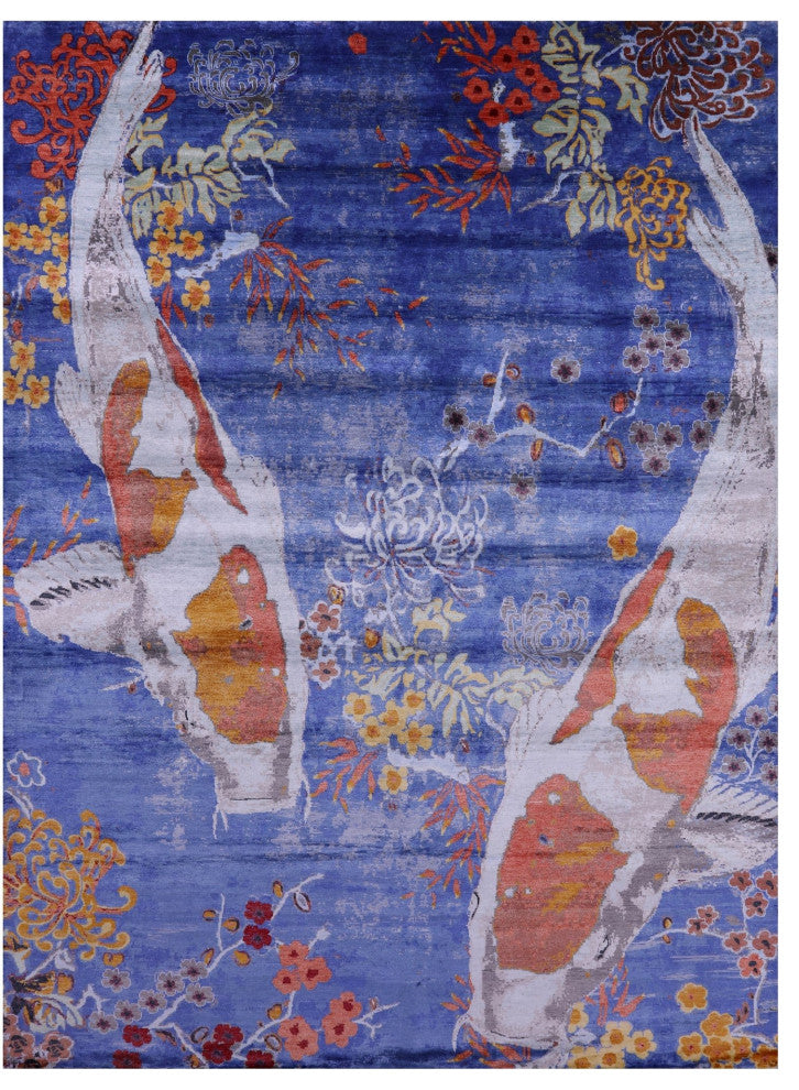 8' 10" X 11' 11" Silk Fish Design Handmade Rug Q11599