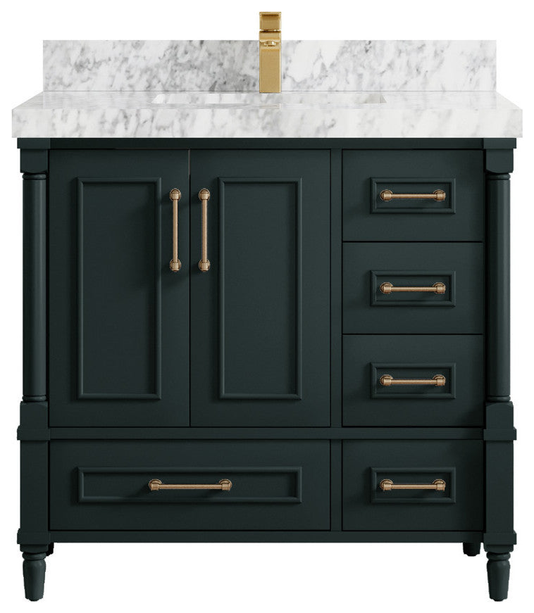Aberdeen 36 Center Sink Bath Vanity in Dark Forest Green 2" Carrara Marble