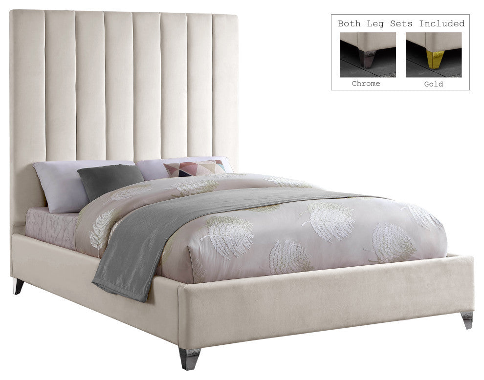 Via Velvet Upholstered Bed, Cream, Queen