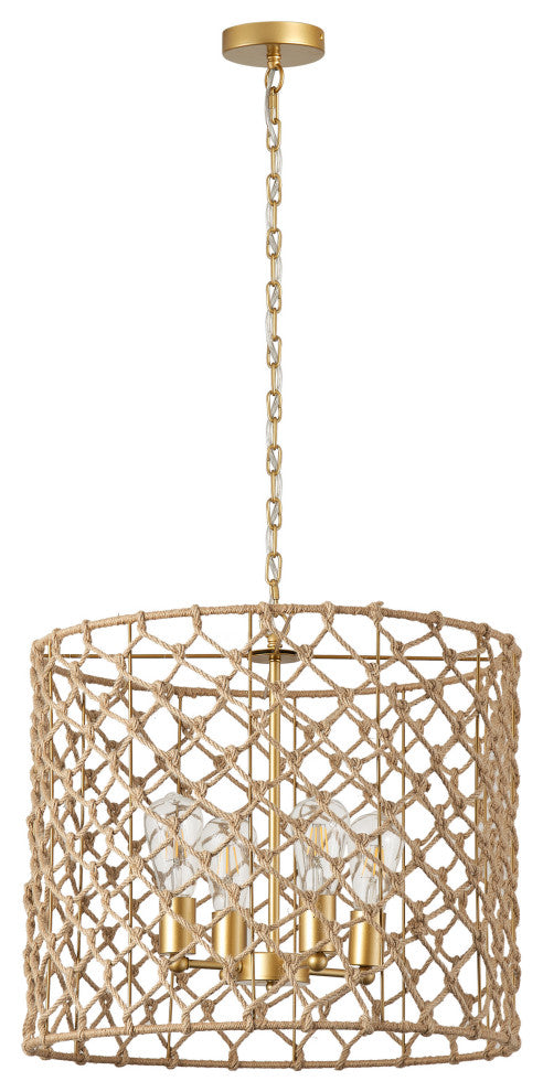 Gold 4-Light Adjustable Pendant Light Fixture With Hemp Rope Woven Craft