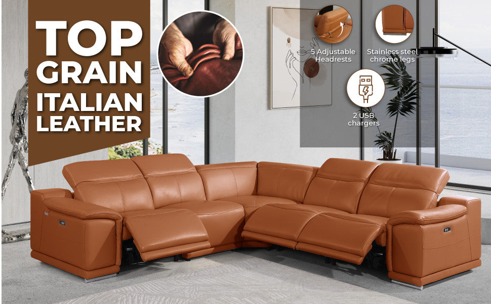 Federico 5-Piece L-Shaped Top Grain Italian Leather Sectional, Camel