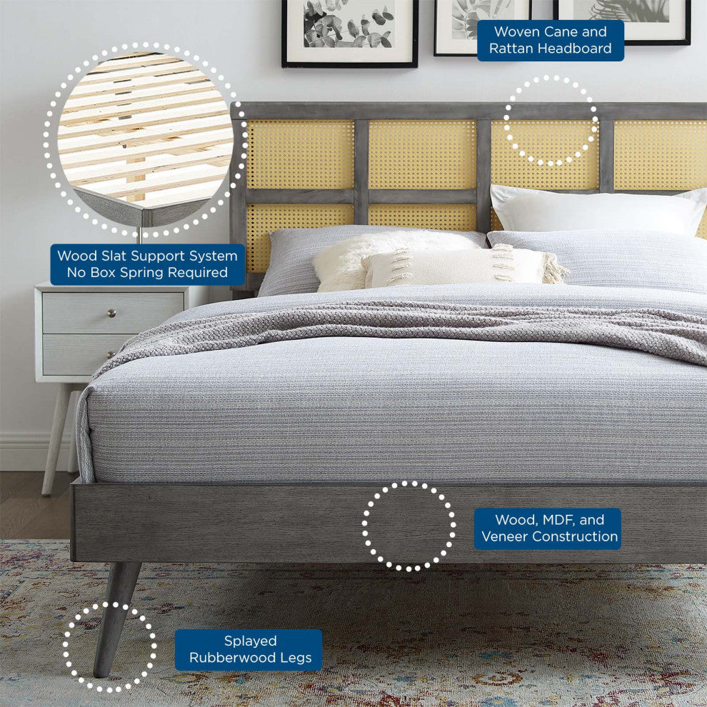 Sidney Cane and Wood Full Platform Bed With Splayed Legs Gray