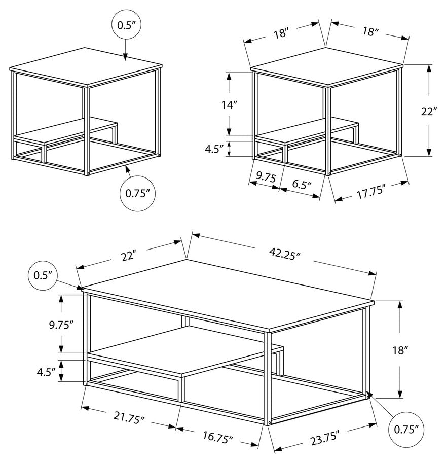 White Silver Metal Table Set - 3Pcs Set