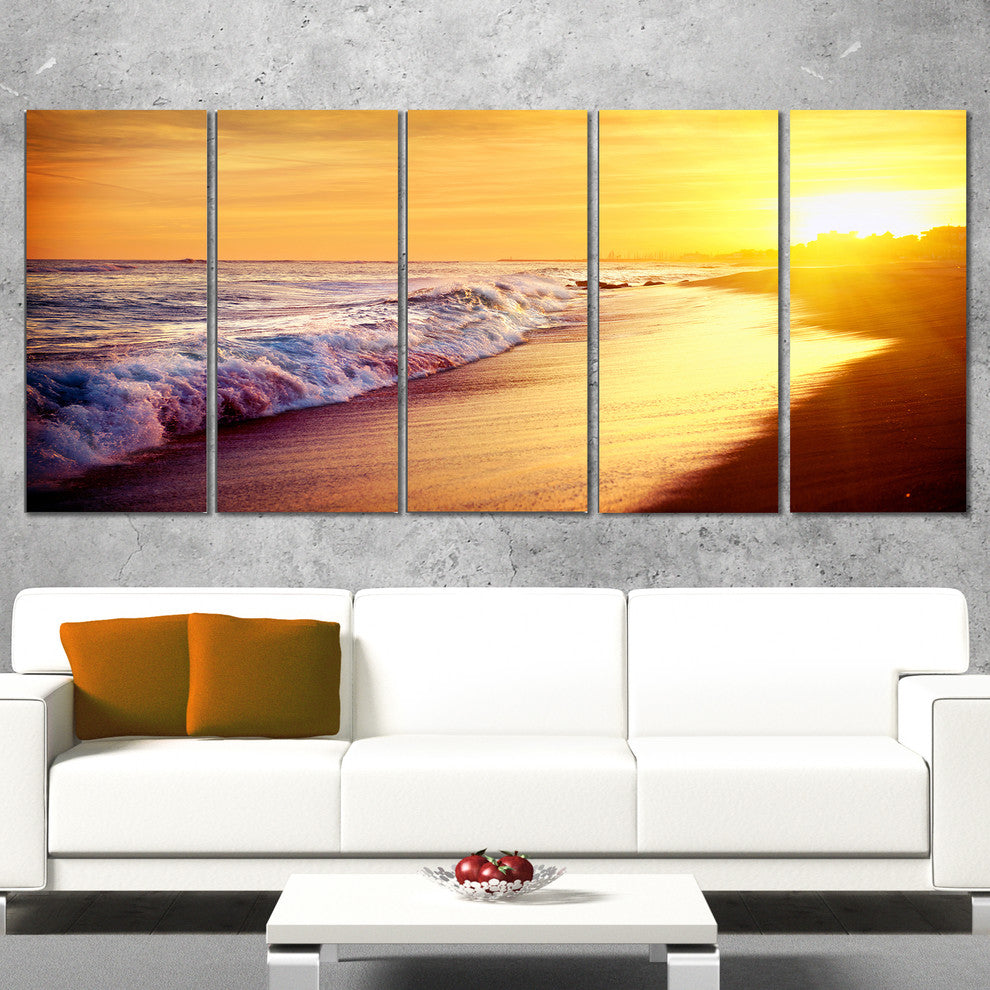 "Bright Yellow Sky With Foam Waves" Seashore Wall Art, 5 Panels, 60"x28"