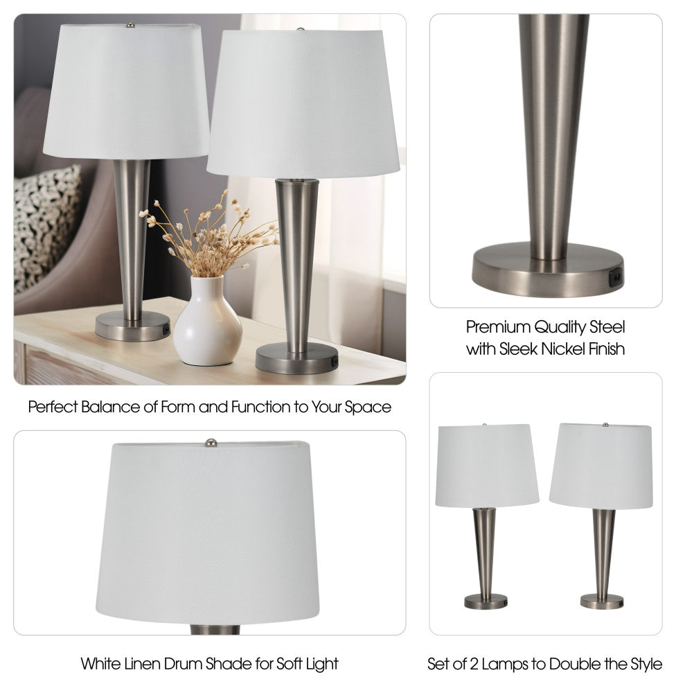 Metal, Set of 2, 25"H, Slim Cone Table Lamps, Nickel