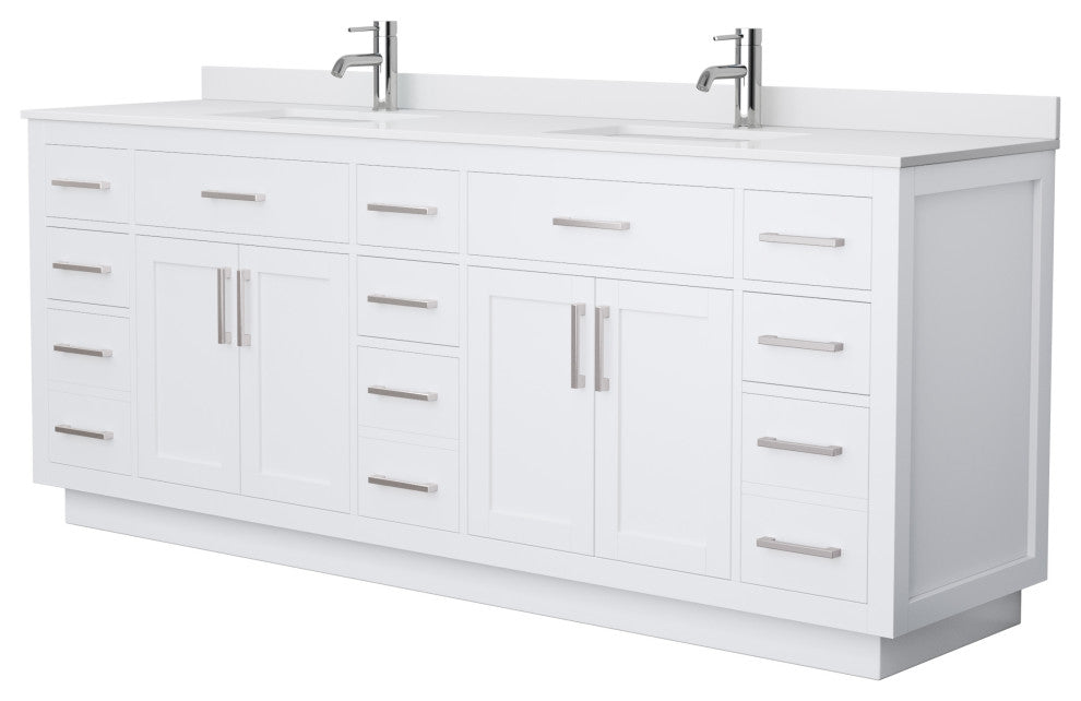 Beckett TK 84" Double Vanity,  Cultured Top, Nickel Trim