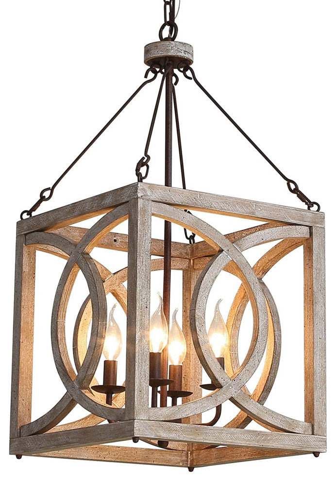4 Light Square Wood Chandelier Vintage Cage Pendant Light Fixture