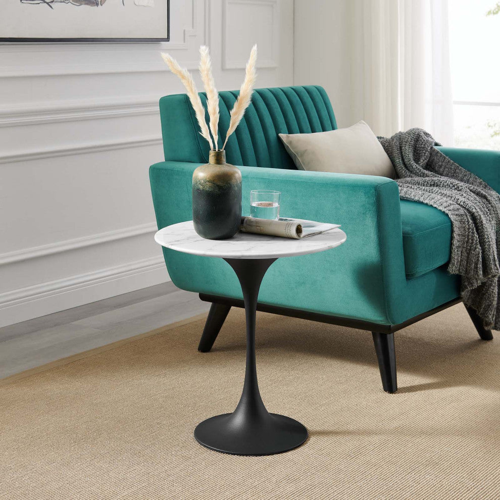 Sofa Side Table, Round, White Black, Artificial Marble, Metal, Modern