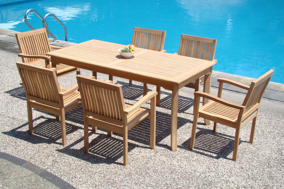 7-Piece Outdoor Teak Dining Set: 83" Rectangle Table, 6 Leveb Stacking Arm Chair