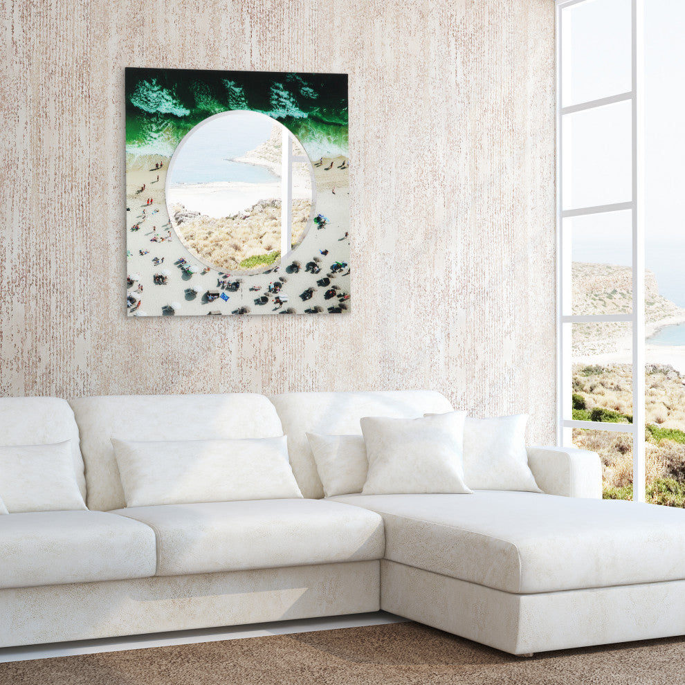"Beach" Square Beveled Wall Mirror on Floating Printed Tempered Art Glass