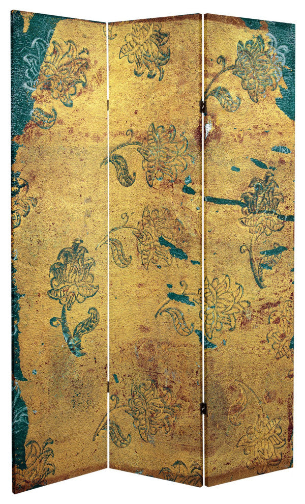 3 Panels Room Divider, Stretched Canvas With Unique Blossom Painting, Gold