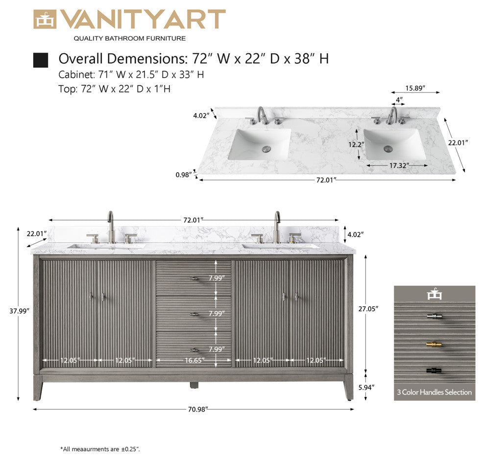 Vanity Art Bathroom Vanity with Engineered Marble Top and Sink, Driftwood Gray, 72" (Double Sink), Brushed Nickel