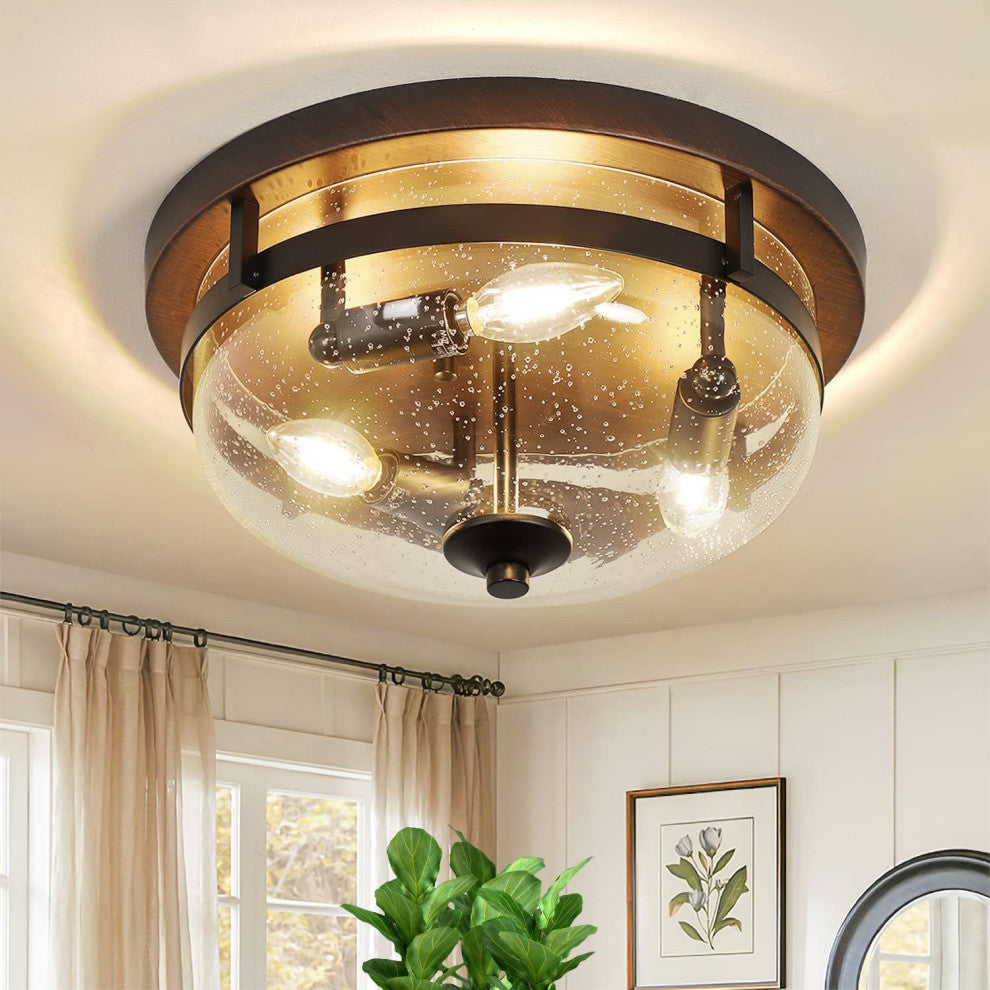 3 Light Industrial Flush Mount Ceiling Light Farmhouse, Glass