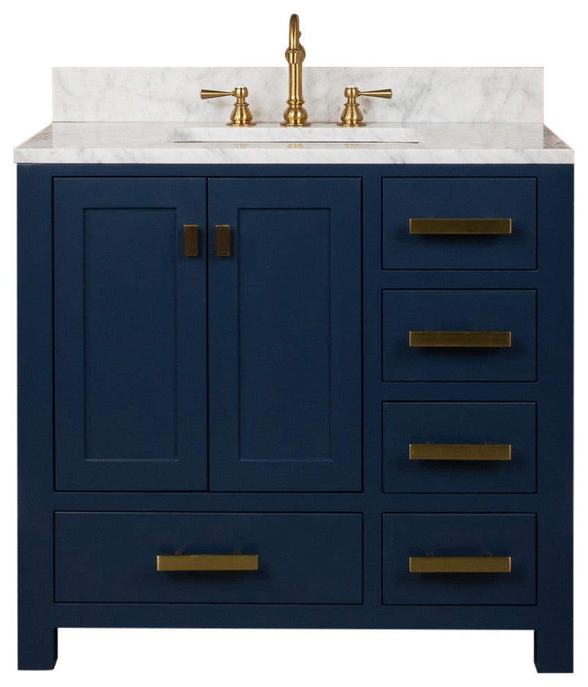 Madison 36" Carrara White Marble Vanity, Monarch Blue With Faucet