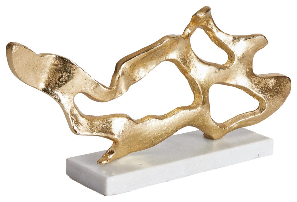 Wide Abstract Driftwood Shape Sculpture Coastal Modern White Marble Gold Metal