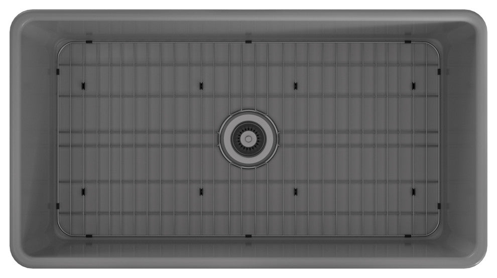 33in Single Bowl Fireclay Farmhouse Apron Kitchen Sink with Grid and Drainer, Matte Gray
