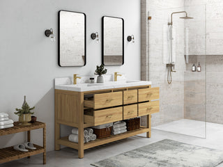 Parker Teak 60" Double Sink Vanity, Light Natural, 60" Double, 2" White Quartz